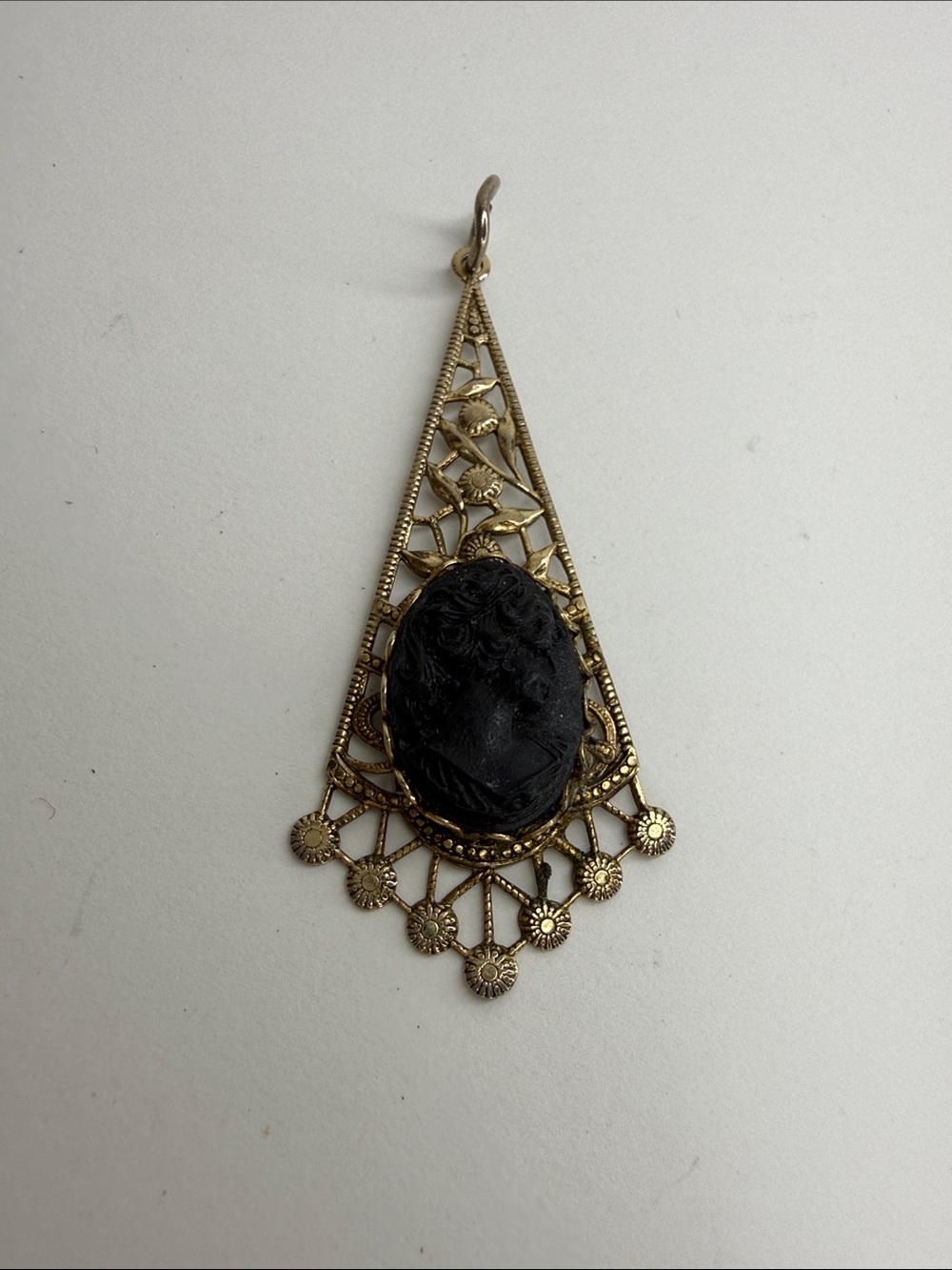 Vintage Victorian Revival Black Cameo Filigree Fringe Teardrop Pendant